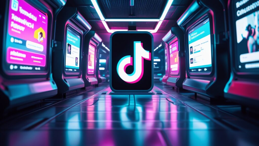 Un'immagine futuristica con il logo di TikTok al centro, circondato da schermi digitali luminosi che mostrano contenuti pubblicitari. Lo sfondo è caratterizzato da luci al neon e un'atmosfera tecnologica.