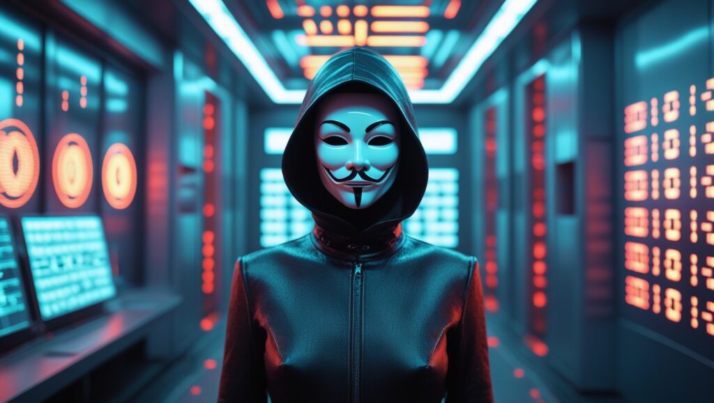 Immagine futuristica ispirata al concetto di "IG anonimo": un ambiente urbano cyberpunk illuminato da luci al neon e ologrammi digitali. Al centro, una figura enigmatica indossa una maschera high-tech che simboleggia l'anonimato nell'era digitale. Sullo sfondo, schermi traslucidi e codici in movimento evocano un'atmosfera di mistero e innovazione, mentre dettagli metallici e riflessi freddi completano la scena.