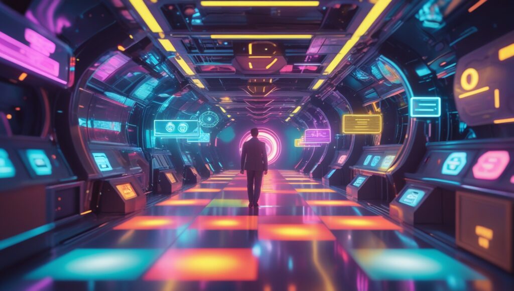 Persona in mezzo ad icone luminose, grafici olografici e ambientazione tecnologica avanzata.